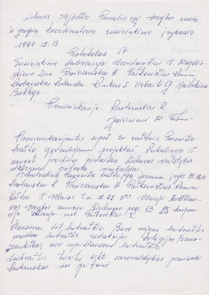 Lietuvos Sąjūdžio Pasvalio rajono tarybos ir grupių koordinatorių susirinkimo, įvykusio 1990.12.13, PROTOKOLAS Nr. 27